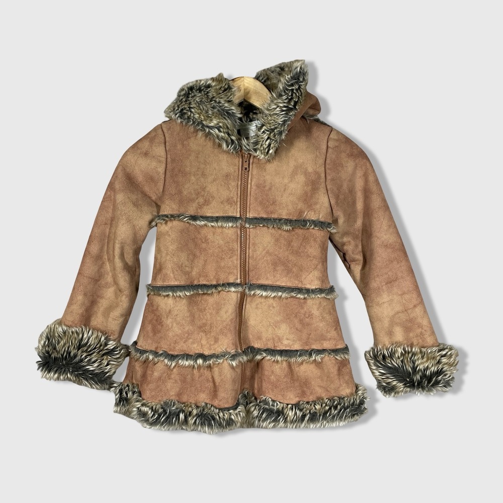 Garnet Hill Kids Faux‎ Suede Fur Trimmed Hooded Winter Coat Girls 8 Brown Winter